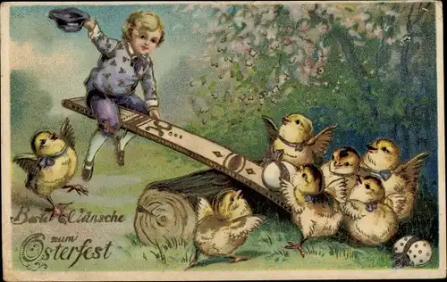 Präge Litho Glückwunsch Ostern, Junge und Küken auf einer Wippe, Ostereier