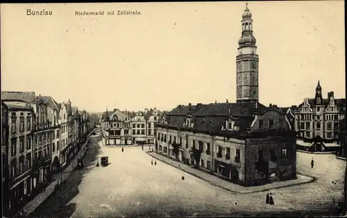Ak Bolesławiec Bunzlau Schlesien, Niedermarkt mit Zollstraße, Rathaus, Geschäftshäuser