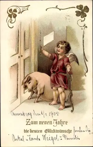Präge Litho Glückwunsch Neujahr, Engel läutet an einer Haustür, Schwein, Kleeblätter