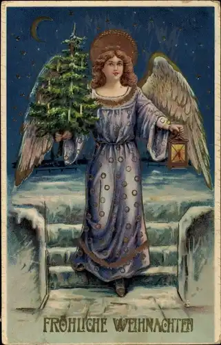 Präge Litho Glückwunsch Weihnachten, Engel mit Laterne und Tannenbaum, Mondsichel