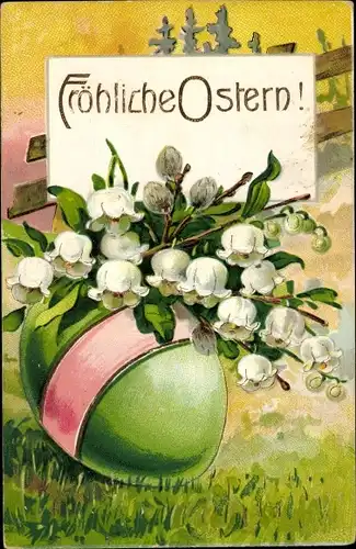 Präge Litho Glückwunsch Ostern, Grünes Osterei, Weidenkätzchen, Blumen