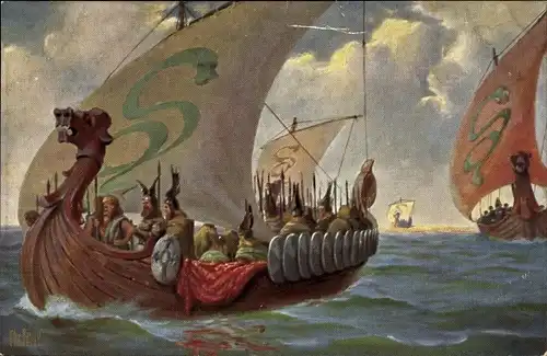 Künstler Ak Rave, Chr., Marine Galerie 18, Normannenboot, 9. Jahrhundert, Segelschiff