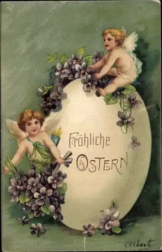 Präge Ak Glückwunsch Ostern, Riesiges Osterei, Engel