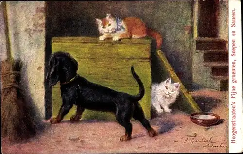 Künstler Ak Sperlich, Zwei Hauskatzen spielen mit einem Dackel