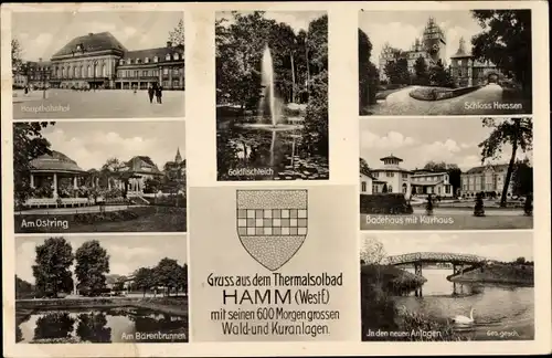Wappen Ak Hamm in Westfalen, Hauptbahnhof, Schloss Heessen, Badehaus, Kurhaus, Bärenbrunnen