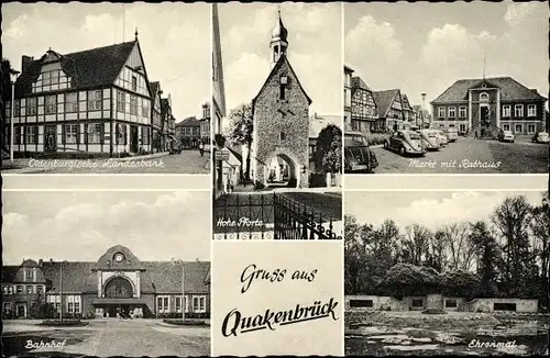 Ak Quakenbrück in Niedersachsen, Oldenburgische Landesbank, Hohe Pforte, Bahnhof