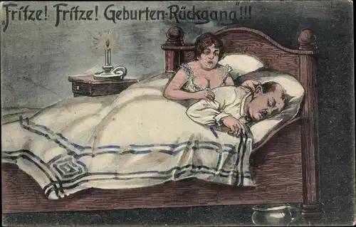 Künstler Ak Fritze, Geburtenrückgang, Mann und Frau im Bett, Nachttopf
