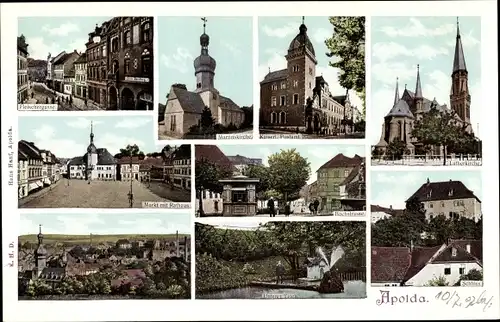 Ak Apolda in Thüringen, Fleischergasse, Martins u. Lutherkirche, Postamt, Bachstraße, Teich, Schloss
