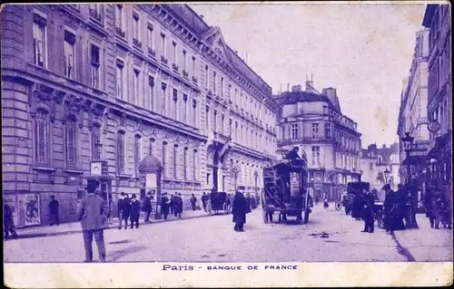 Ak Paris, Banque de France, Hôtel, Straßenansicht, Pferdebahn, Passanten