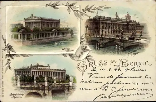 Litho Berlin Mitte, Schlossbrücke, Börse, Nationalgalerie, Friedrichsbrücke, Hermesstab