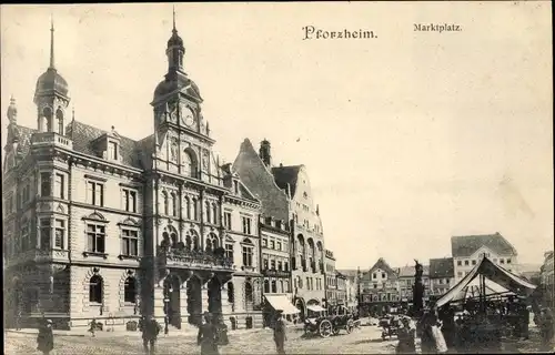 Ak Pforzheim im Schwarzwald, Marktplatz, Rathaus, Geschäft Gustav Feldmann, Gebrüder Schmidt 