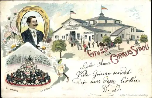 Litho Gruß aus Zirkus Sidoli, Direktor Sidoli, 50 Hengste