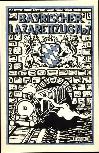 Künstler Ak Anacker, J., Bayrischer Lazarett Zug No. 7, Dampflok, Tunnel, Wappen
