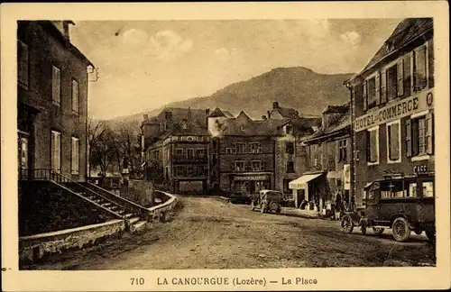 Ak La Canourgue Lozère, La Place, Hôtel du Commerce, Straßenansicht