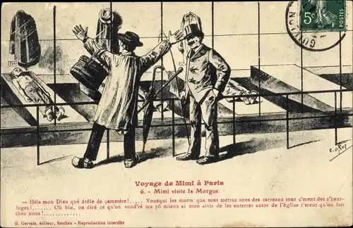 Künstler Ak Voyage de Mimi à Paris, No 6, Mimi visite la Morgue, G. Gervais., Leichenhalle