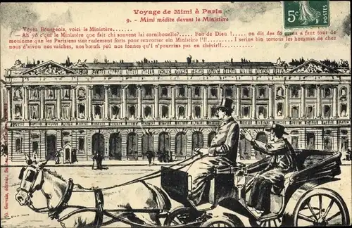 Künstler Ak Voyage de Mimi à Paris, No 9, Mimi médite devant le Ministère, G. Gervais. Kutsche