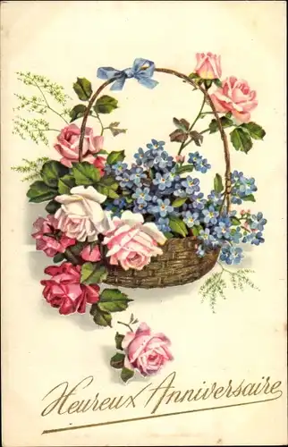 Ak Glückwunsch Geburtstag, Weidenkorb mit Rosen und Vergissmeinnichtblüten