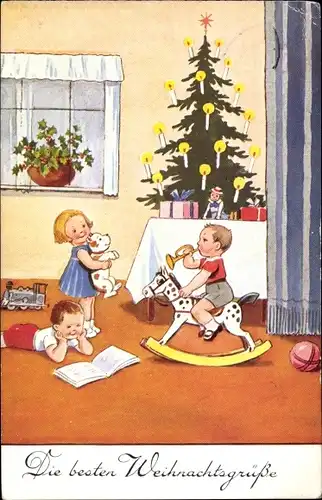 Ak Glückwunsch Weihnachten, Junge auf einem Schaukelpferd, Tannenbaum, Puppe, Ball, EAS 138