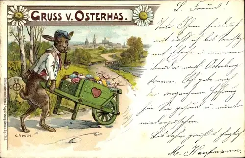 Künstler Litho Koch, O. A., Osterhase mit Pfeife, Schubkarre, Ostereier
