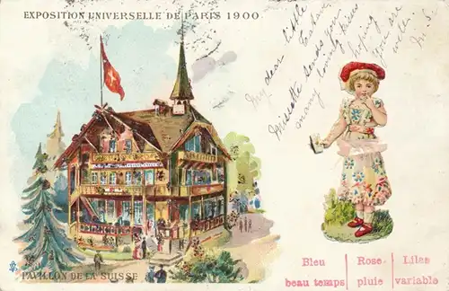 13 alte Künstler Ak Paris, Expo 1900 Weltausstellung, Village Suisse, Schweizer Dorf, diverse Motive