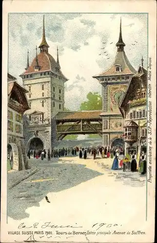 13 alte Künstler Ak Paris, Expo 1900 Weltausstellung, Village Suisse, Schweizer Dorf, diverse Motive