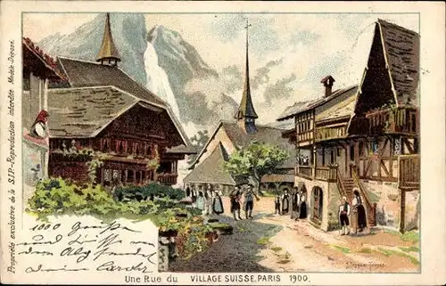 13 alte Künstler Ak Paris, Expo 1900 Weltausstellung, Village Suisse, Schweizer Dorf, diverse Motive