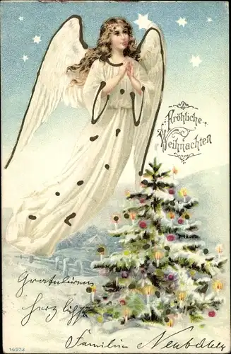 Litho Frohe Weihnachten, Betender Engel, Tannenbaum, Winterlandschaft