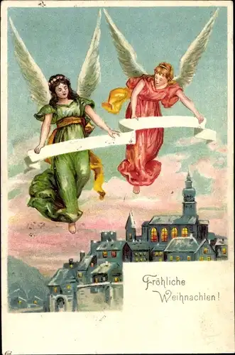 Präge Litho Frohe Weihnachten, Engel mit Spruchband, beleuchtete Stadt