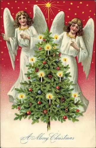 Präge Litho Frohe Weihnachten, A Merry Christmas, Engel, Tannenbaum