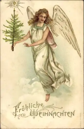 Präge Litho Glückwunsch Weihnachten, Engel mit Tannenbaum auf einer Wolke