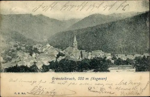 Ak Grendelbruch Vogesen Elsass Bas Rhin, Talblick auf den Ort, Kirche, Wohnhäuser