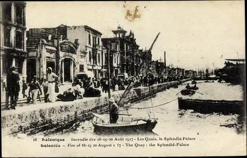 Ak Thessaloniki Griechenland, Quay, Splendid Palace, Ruinen nach dem Brand 1917