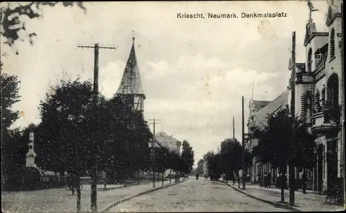 Ak Krzeszyce Kriescht Ostbrandenburg, Denkmalsplatz, Straßenpartie, Kirchturm