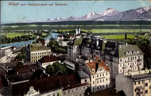 Ak Villach in Kärnten, vom Stadtpfarrturm mit Parkhotel, Panoramaansicht von Ortschaft