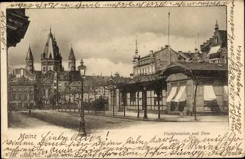 Ak Mainz in Rheinland Pfalz, Fischtorplatz u. Dom, Straßenpanorama