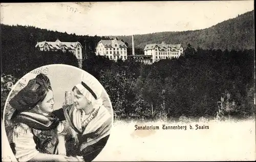 Ak Saales Saal Elsass Bas Rhin, Sanatorium Tannenberg, Panoramaansicht, Frauen in Tracht