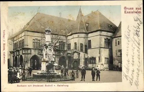 Ak Ensisheim Elsass Haut Rhin, Rathaus m. Denkmal Rudolf v. Habsburg, Kindergruppe