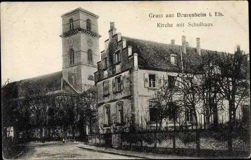 Ak Drusenheim Elsass Bas Rhin, Kirche mit Schulhaus, Straßenansicht