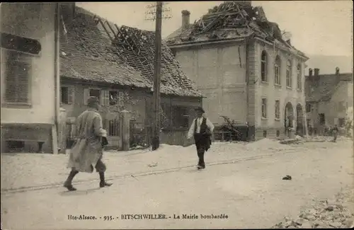 Ak Bitschwiller lès Thann Bitschweiler Elsass Haut Rhin, La Mairie bombardée, bombardiertes Rathaus