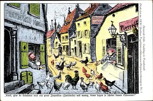 Künstler Ak Zille, Heinrich, Korl, giw de Häuhner mal ein poor Ziepollen