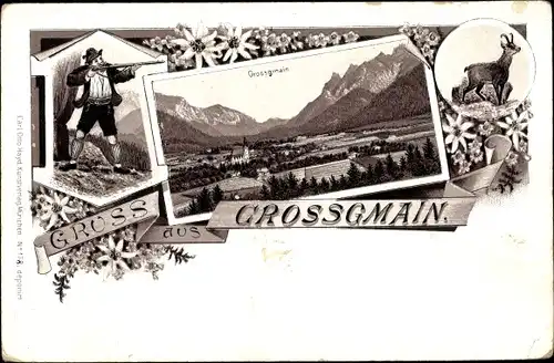 Litho Großgmain in Salzburg, Totalansicht, Jäger, Gämse