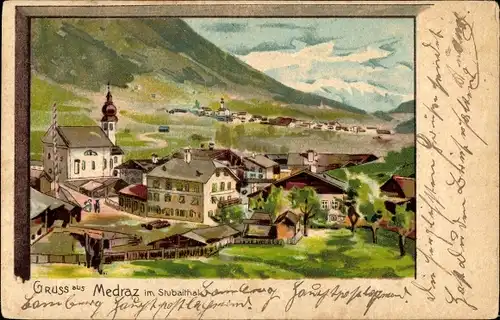 Litho Medraz Fulpmes in Tirol, Stubaital, Totalansicht vom Ort