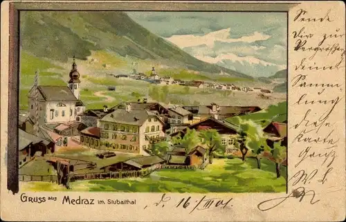 Litho Medraz Fulpmes in Tirol, Stubaital, Totalansicht vom Ort