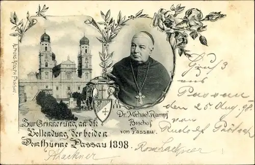 Ak Passau in Niederbayern, Bischof Dr. Michael Rampf, Vollendung der beiden Domtürme 1898