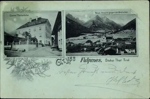 Mondschein Ak Fulpmes in Tirol, Gasthof Pfurtscheller, Totalansicht gegen die Gletscher