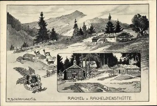 Künstler Ak Scheibenzuber, R., Spiegelau Niederbayern, Rachel, Racheldiensthütte