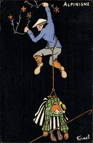 Künstler Ak Alpinisme, Alpinismus, Bergsteiger, Frau am Seil