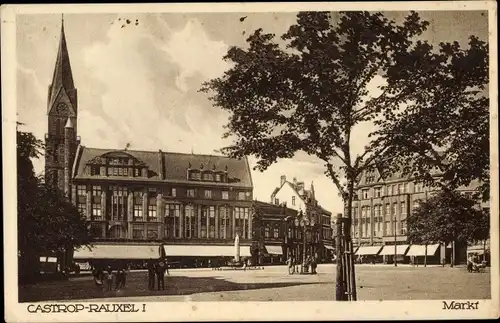 Ak Castrop Rauxel im Ruhrgebiet, Markt, Geschäftshäuser und Kirchturm