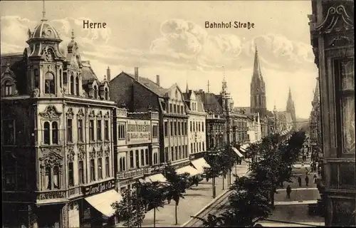 Ak Herne im Ruhrgebiet, Bahnhofstraße, Geschäft Conrad Tack & Co., Johann Krein & Sohn, Kirche