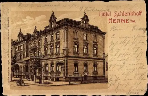 Litho Herne im Ruhrgebiet, Hotel Schlenkhoff, Straßenansicht, Passanten